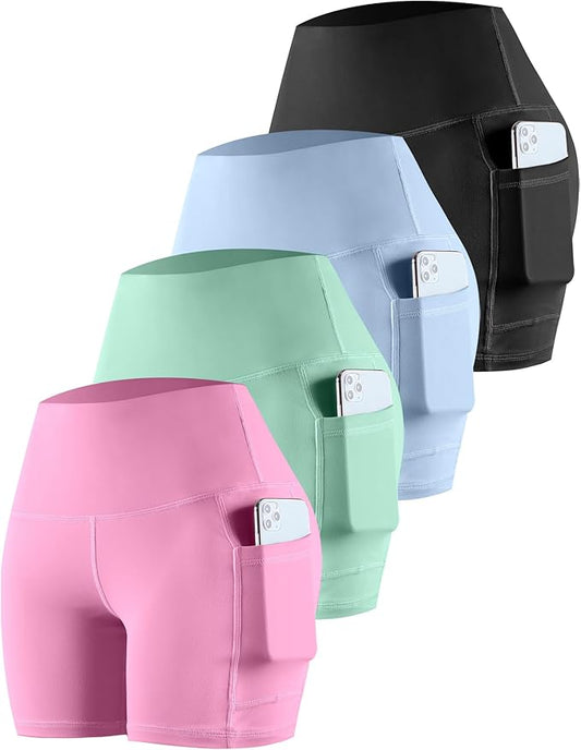 CHRLEISURE Womens Biker Yoga Shorts with Pockets: High Waisted Tummy Control Spandex Workout Athletic Gym Shorts 4 Packs