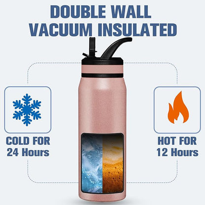 OLDLEY 24 oz Insulated Water Bottle With Straw, Stainless Steel Sports Water Cup Flask with 3 Lids(Straw, Spout and Handle Lid) Double Walled Travel Thermal Canteen Mug,Rose Gold