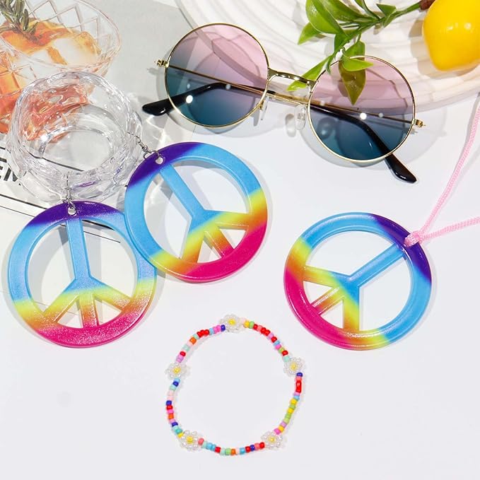 6 Pcs Hippie Costume Accessories Set, Flower Hippie Headband Boho Peace Sign Necklace Earrings Sunglasses Bracelet