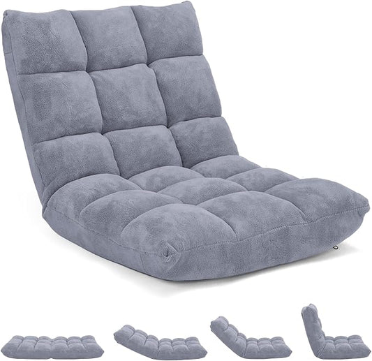 RELAX4LIFE Floor Chair with Back Support - 14-Position Adjustable Lazy Sofa Chair, Padded Sleeper Bed & Couch Recliner for Reading Meditation, Folding Floor Gaming Chair for Adults (Grey)