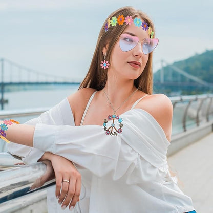 5 Pcs Hippie Costume Accessories Set Women, 60s 70s Party Dressing Accessory Peace Sign Necklace Party Decorations for Party