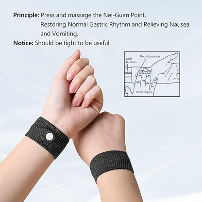 Motion Sickness Wristband, Anti-Nausea Acupressure Wrist Band for Nausea Relief, Dizziness and Vomiting from Car Sea Boat Flying Travel Sickness for Adults and Kids (Black, Large, 2 Pairs)