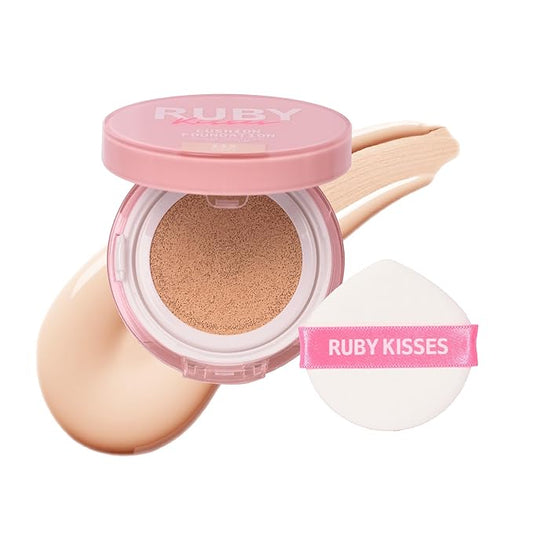 Ruby Kisses Cushion Foundation, Full Coverage Korean Makeup, Lightweight & Long Lasting, All Day Natural Glowy Finish for All Skin Types with Hyaluronic Acid & Bakuchiol (Ivory, 0.52 Ounce)