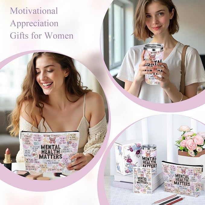 Mental Health Gifts Positive Affirmations Mental Health Awareness Inspirational Gifts for Women Mom Friend Birthday Friendship Christmas, Office 6PCS 20oz Tumbler Makeup Bag Ballpoint Pen Notebook