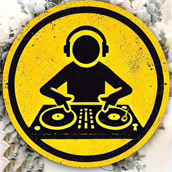 1pc Vintage DJ Themed Iron Sign, 8x8 inches, Circular Wall Art, Multipurpose Home/Room/Restaurant/Bar/Café/Garage Decor, Wall Hanging, No Electricity Needed