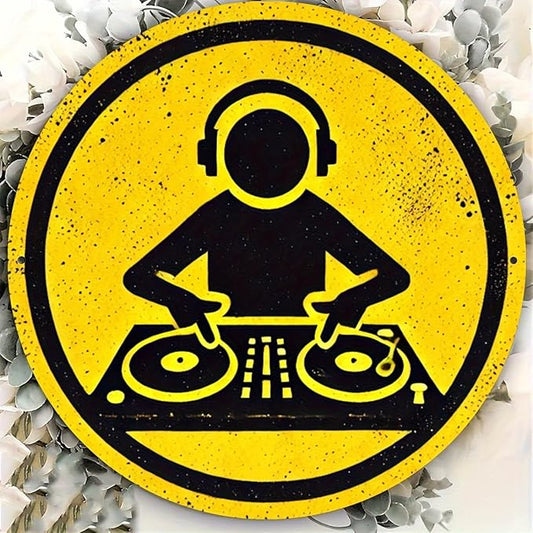 1pc Vintage DJ Themed Iron Sign, 8x8 inches, Circular Wall Art, Multipurpose Home/Room/Restaurant/Bar/Café/Garage Decor, Wall Hanging, No Electricity Needed