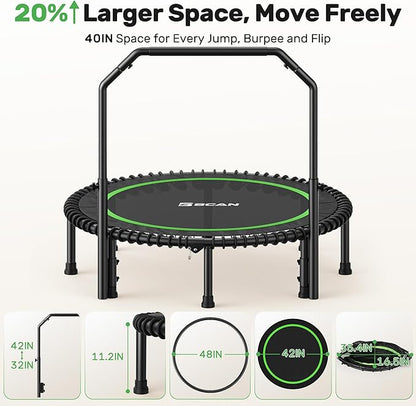 BCAN 40"/48" Mini Rebounder Trampoline for Adults with Bar, 450/550LBS Fitness Trampoline with Bungees, Adjustable Handle, Stable & Quiet, Indoor Outdoor, Whole-Body Workout & Relaxation at Home