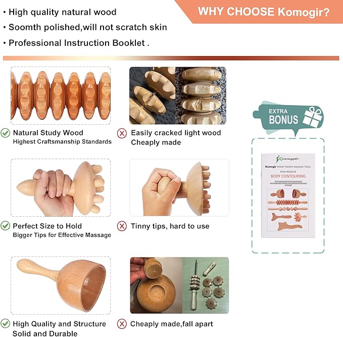 Wood Therapy Massage Tools 5-in-1 Lymphatic Drainage Massager Maderoterapia Kit Wooden Massager Body Sculpting Tools for Muscle Pain Relief, Anti-Cellulite, Body Contouring and Shaping