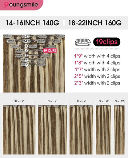 Youngsmile Real Human Hair Clip in Extensions, 18 Inch 160 Gram 7Pcs, Color 4 Chocolate Brown Highlighted mixed 27 Caramel Blonde, Clip in Human Hair Extension Thick End (7C#4P27-18Inch)