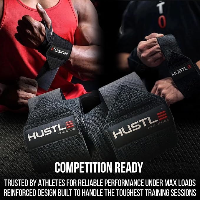 Hustle Athletics Wrist Wraps for Weightlifting – Max Wrist Support for Safe & Heavy Lifts, USPA Approved 18" & 12" Lengths, Thumb Loop Gym Straps for Powerlifting & Weight Lifting for Men and Women