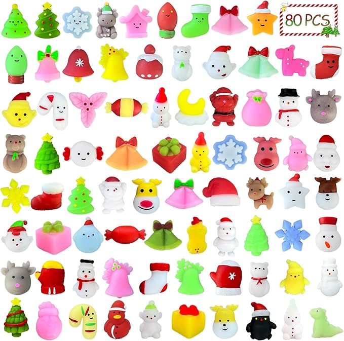 80PCS Random Christmas Mochi Squishy Toys Squishies Christmas Toys for Kids Girls Boys Toddlers Christmas Party Favors, Stress Relief Toys Classroom Prizes Stocking Stuffers Gifts
