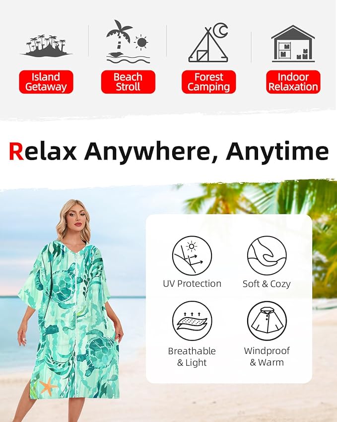 Abahub Surf Poncho Men & Women Towel Poncho Adult with Hood, Thick Quick Dry Changing Poncho Towel, Microfiber Wearable Cover Up for Surfing Beach Swim - Absorbent Changing Towel L (Green Turtle)