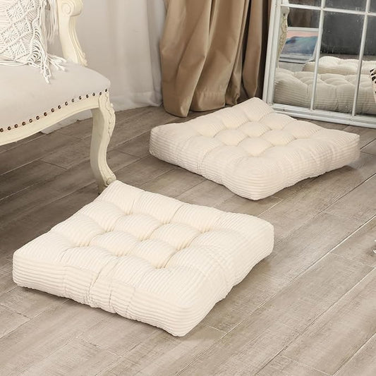 22 inches Meditation Pillow, 2 Pack Square Large Floor Cushions for Adults, Thick Corduroy Floor Pillows for Sitting, Yoga, Living Room, Sofa, Tatami, Beige