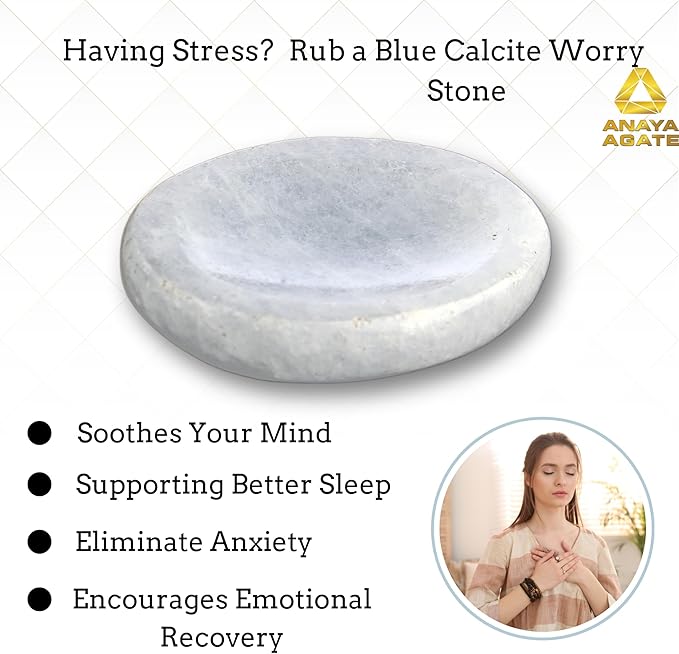 Blue Calcite Worry Stones – Crystal Thumb Worry Stone for Anguish, Stress – Relaxing and Soothing Balance Stones for Meditation, Stress Relief – Healing Stones and Crystals for Men and Women