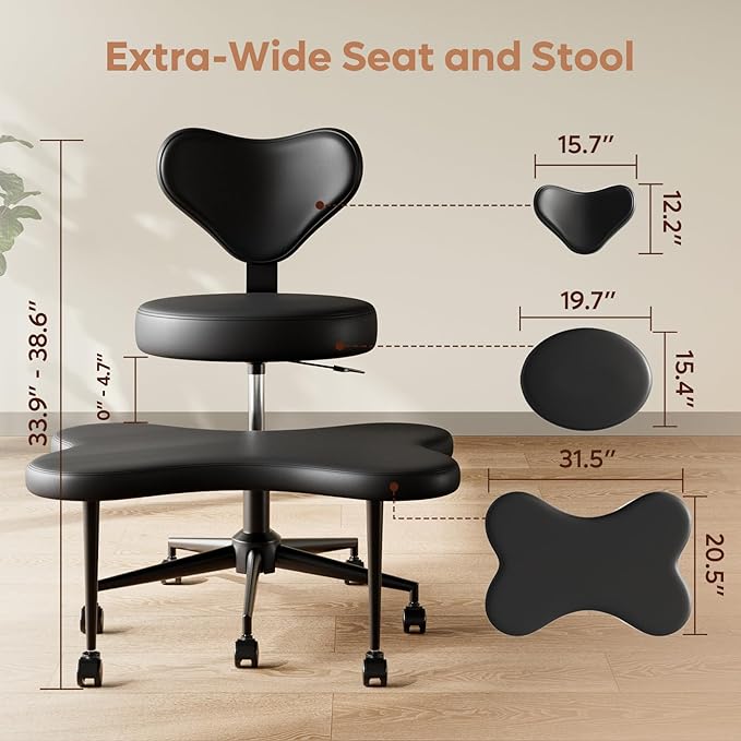 Ergonomic Cross Legged Chair, 360° Swivel Meditation Chair with Wheels, Height Adjustable Seat for ADHD, Strong Lumbar Support, Chic Home Office Furniture, PU Leather, Black