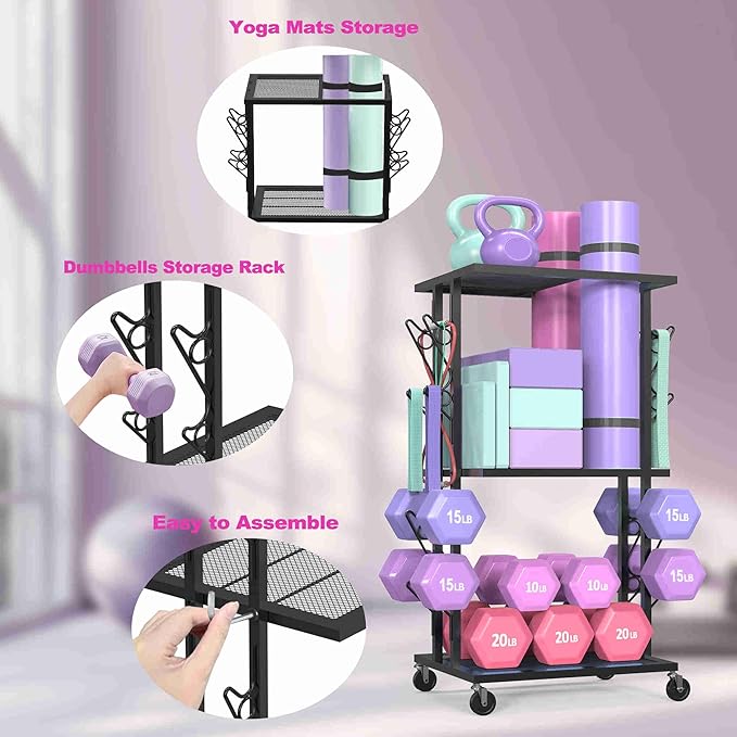 Dumbbell Rack Compact Weight Rack Home Gym Storage Rack Yoga Mat Storage Workout Equipment Organizer with Wheels