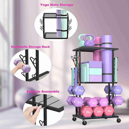 Dumbbell Rack Compact Weight Rack Home Gym Storage Rack Yoga Mat Storage Workout Equipment Organizer with Wheels