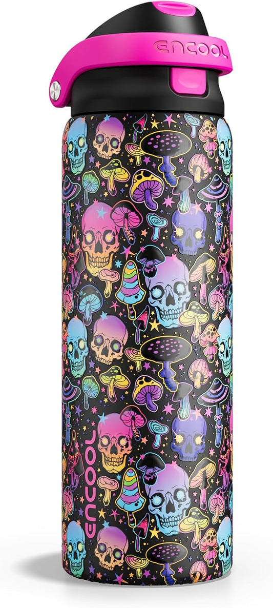 Halloween Gothic Water Bottle with Straw, Stainless Steel Insulated Water Bottle,Leak Proof, One-Touch Flip Lid, BPA Free, Holiday Gifts For Women Men, 32oz, Trippy Skulls