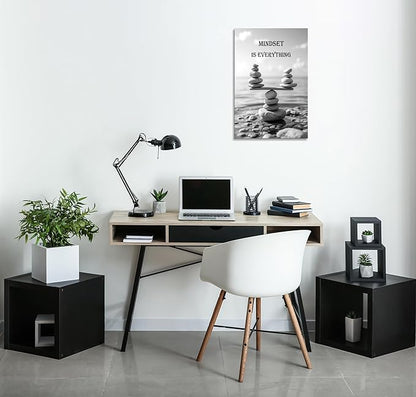YIOZHAOFH Mindset Wall Art for Zen Office Inspirational Pictures Wall Decor Motivational Quotes Canvas Art Black and White Landscape Nature Print Poster Painting Framed for Meditation Spa Room Bedroom (16L x 24W)
