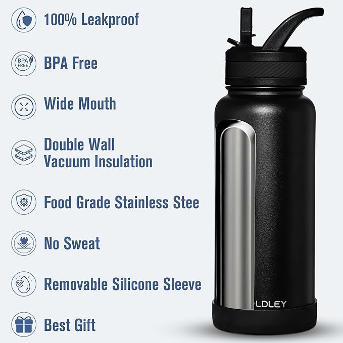 OLDLEY 32 oz Insulated Water Bottle With Straw, Stainless Steel Sports Water Cup Flask with 3 Lids(Straw, Spout and Handle Lid) Double Walled Travel Thermal Canteen Mug,Black