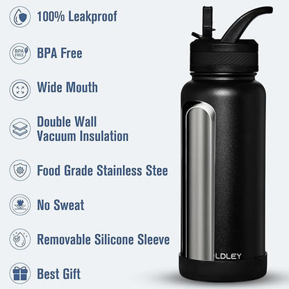 OLDLEY 32 oz Insulated Water Bottle With Straw, Stainless Steel Sports Water Cup Flask with 3 Lids(Straw, Spout and Handle Lid) Double Walled Travel Thermal Canteen Mug,Black