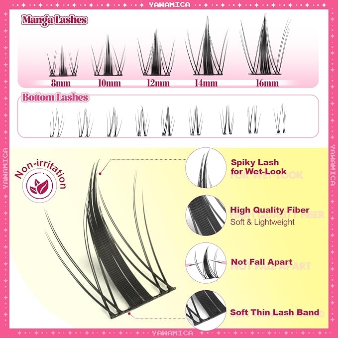 Yawamica Fairy Lash Clusters DIY Eyelash Extensions Manga Eyelash Clusters C Curly Spiky Anime Lashes Wispy Individual Lashes 8-16mm with 5-6mm Bottom Lashes Clusters for Manga Lash look (Fairy)