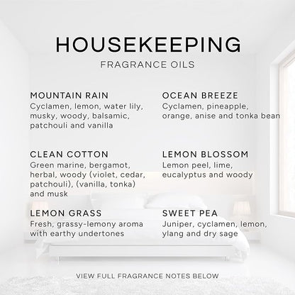 Eternal Essence Oils Housekeeping Set of 6 Premium Fragrance Oils - Includes Clean Cotton, Lemon Blossom, Lemon Grass, Sweet Pea, Ocean Breeze and Mountain Rain Scented Oils - 10ML