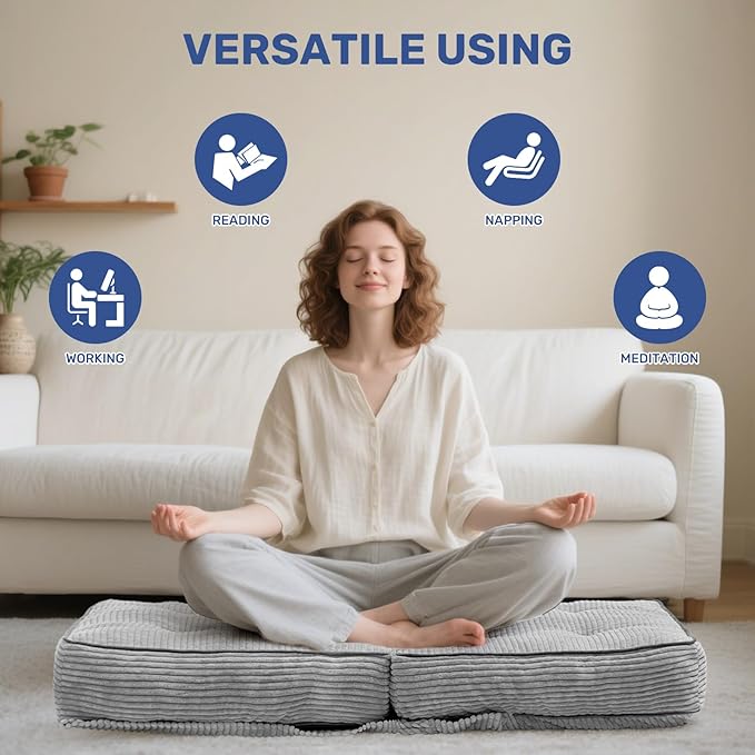 HollyHOME Adjustable Floor Chair with 6 Positions, Folding Lazy Sofa Recliner with Back Support, Thick Sponge Cushion and Portable Handle, Comfy Gaming Meditation Chair for Dorm, Bedroom, Light Grey