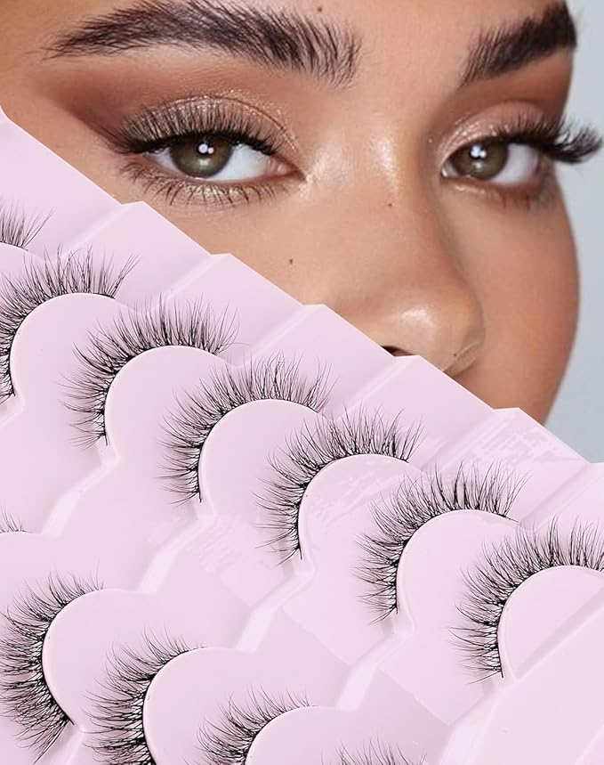 Onlyall Natural Lashes Wispy Lashes Natural Look False Eyelashes Natural Flared Eyelashes False Eye Lashes Soft Fluffy Lashes 7 Pairs D1 Natural (6-13MM)