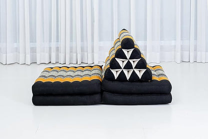 Leewadee Comfortable Japanese Floor Mattress - Thai Floor Bed with Triangle Cushion - Futon Mattress - XL Extra Long Thai Massage Mat, 89 x 20 inches, Black Orange, Kapok Filling