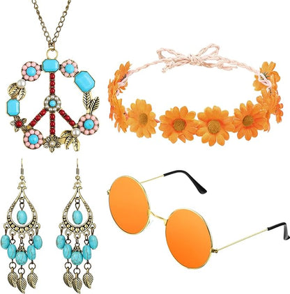 Hicarer Hippie Costume Accessories Include Sunglasses, Peace Sign Necklace, Boho Headband and Earring for 60s 70s Party