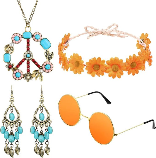 Hicarer Hippie Costume Accessories Include Sunglasses, Peace Sign Necklace, Boho Headband and Earring for 60s 70s Party