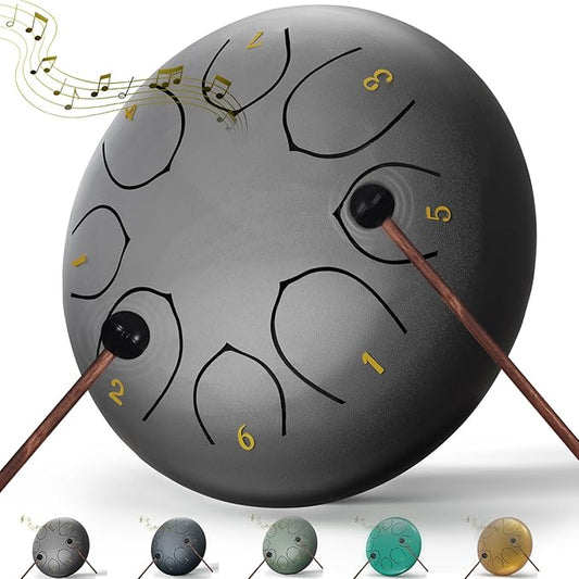Rain Drum for Outside Garden, 6 Inches 8 Notes Steel Tongue Chakra Drums, Waterproof Echo Rain Chime Meditation Drums, Musical Instruments for Adult Gift with Bag, Music Book, Drum Mallets (Black)