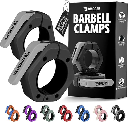 DMoose Fitness Barbell Clips 2 Inch (Pair) - Quick Release Olympic Barbell Clamps & Collars with Anti Slip TRP Grip for Secure Weightlifting and Powerlifting - Weight Clips for Bars at Home or Gym