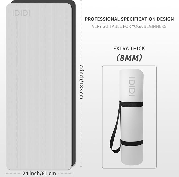 Yoga Mat with Strap,Non-Skid Workout Mat,8mm Thick Yoga Mat,POE Yoga Mats for Women Men Kids,Exercise Mat with Easy-Cinch,72"x24"x0.32” (183x61x0.8cm) (Gray+Black)