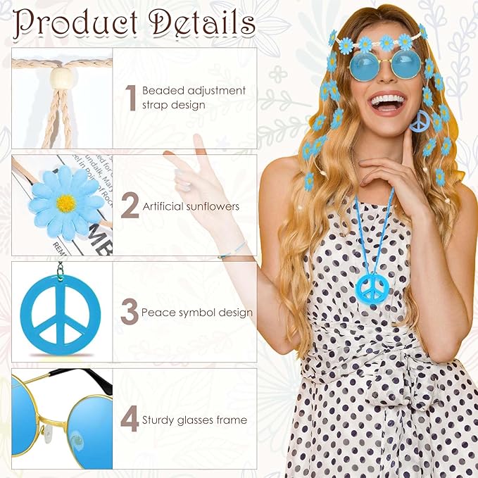 6 Pcs Hippie Costume Accessories Set, Flower Hippie Headband Boho Peace Sign Necklace Earrings Sunglasses Bracelet