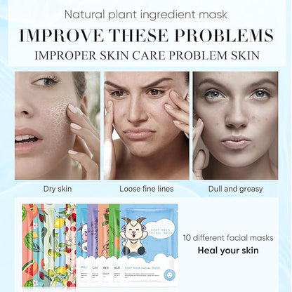 10 Sheets Face Masks Skincare for All Skin Types, Hydrating Face Masks Suitable for Sensitive Skin,Watermelon, Aloe Vera, milk, Goat, Peach, Bulk Facial Masks for Women