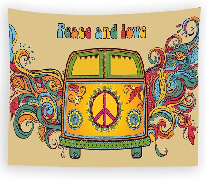 Hippie Bus 70s Tapestry Peace Love Groovy Car Wall Hanging Tapestry for Kids Bedroom Living Room Dorm Man Cave Background(60x40 Inch)