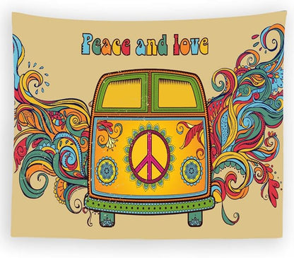 Hippie Bus 70s Tapestry Peace Love Groovy Car Wall Hanging Tapestry for Kids Bedroom Living Room Dorm Man Cave Background(60x40 Inch)