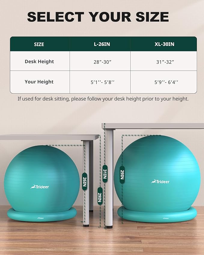 Trideer Exercise Yoga Ball Chair with Base for Home Office Desk, Stability & Fitness Ball Seat to Relieve Back Pain, Home Gym Workout for Abs, Pregnancy Ball with Pump