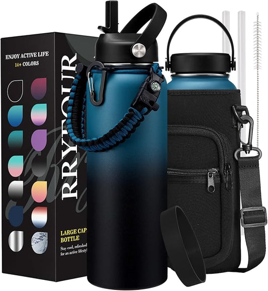 40/64/128 oz Insulated Water Bottle with Straw - Flex Cap Lids, Paracord Handle, Bottle Carrier Bag w/Strap, Vacuum Stainless Steel 40oz Water Bottles, Double Wall Flask Metal Water Flask Jug