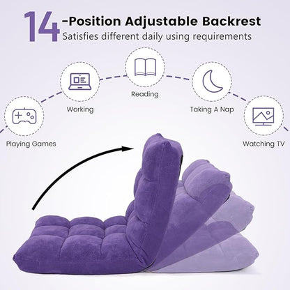 Moccha 14-Position Floor Chair, Folding Sofa Chair with Back Support, Memory Foam Floor Gaming Chairs for Adults, Adjustable Padded Couch Recliner Sleeper Bed for Reading, Meditating, Purple