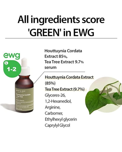 Mary&May Houttuynia Cordata + Tea Tree Serum - Effective Pore Clearing and Acne Treatment Face Serum - Non-Sticky Formula for Improved Skin Barrier and Calm Skin - Fragrance Free, 1.01 fl.oz.