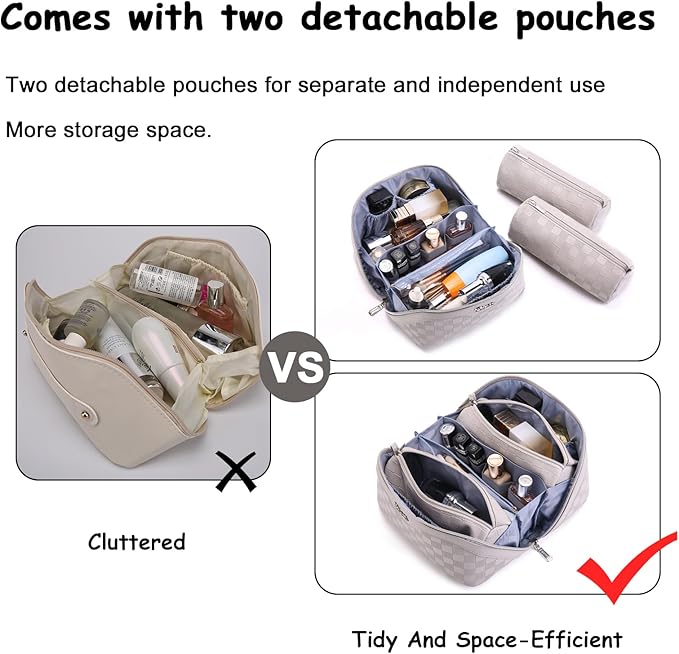 BOYATU Travel Makeup Bag Organizer Cosmetic Bag: 3 Pcs Set Make up Bags for Women with Handle - Waterproof Vegan Leather Toiletry Bags Travel Essentials Pouch with Compartments (C-13-Gray)