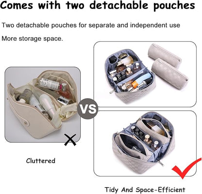BOYATU Travel Makeup Bag Organizer Cosmetic Bag: 3 Pcs Set Make up Bags for Women with Handle - Waterproof Vegan Leather Toiletry Bags Travel Essentials Pouch with Compartments (C-13-Gray)