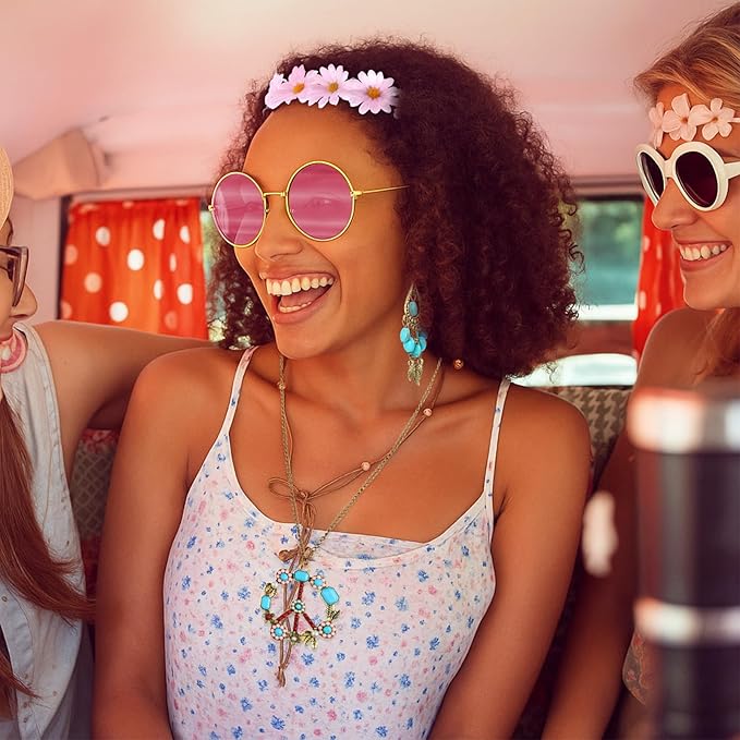 Hicarer Hippie Costume Accessories Include Sunglasses, Peace Sign Necklace, Boho Headband and Earring for 60s 70s Party
