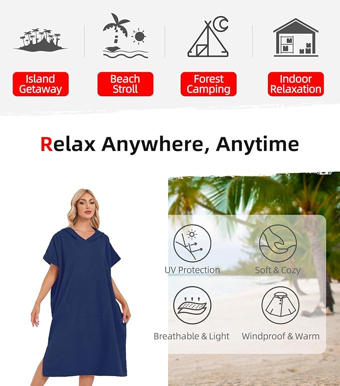 Abahub Surf Poncho Men & Women Towel Poncho Adult with Hood, Thick Quick Dry Changing Poncho Towel, Microfiber Wearable Cover Up for Surfing Beach Swim - Absorbent Changing Towel M (Navy Blue)