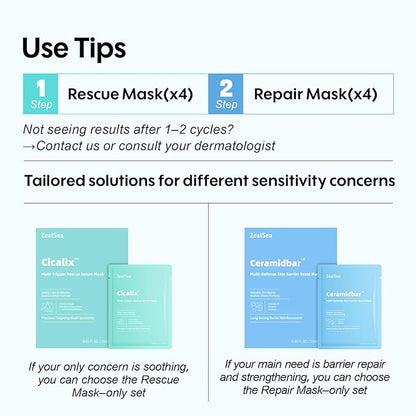ZealSea Cicalix & Ceramidbar Face Masks Skincare Set, Derm Solution Sheet Mask for Multi-Trigger Sensitivity, Soothing & Calming, Strengthen & Restore Skin, Facial Mask with Cica & Ceramide, 8 Pack
