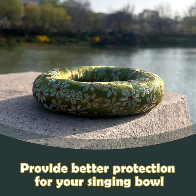 Singing Bowl Cushion for Tibetan Singing Bowls, Handmade Silk Brocade Round Cushion Pillow for Sound Healing and Crystal Sound Bowls Accessories(Green,6.7 Inch)