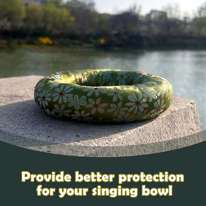 Singing Bowl Cushion for Tibetan Singing Bowls, Handmade Silk Brocade Round Cushion Pillow for Sound Healing and Crystal Sound Bowls Accessories(Green,6.7 Inch)